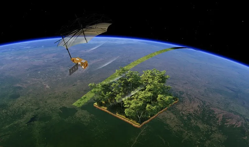 A digital rendition of a satellite above a rainforest