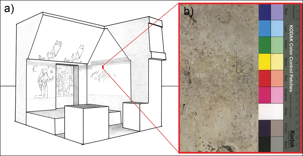 A diagram of a room next to an image of an inscription