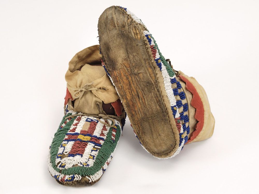 A brightly colored and decorated pair of Moccasins