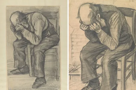 The newly authenticated sketch (left) and the final drawing, titled Worn Out (right)