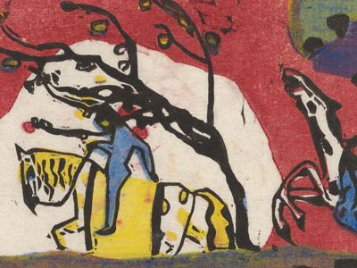 Courtesy of Municipal Gallery in Lenbachhaus.  Two riders before the red, 1911, woodblock, © VG Bild-Kunst, Bonn.