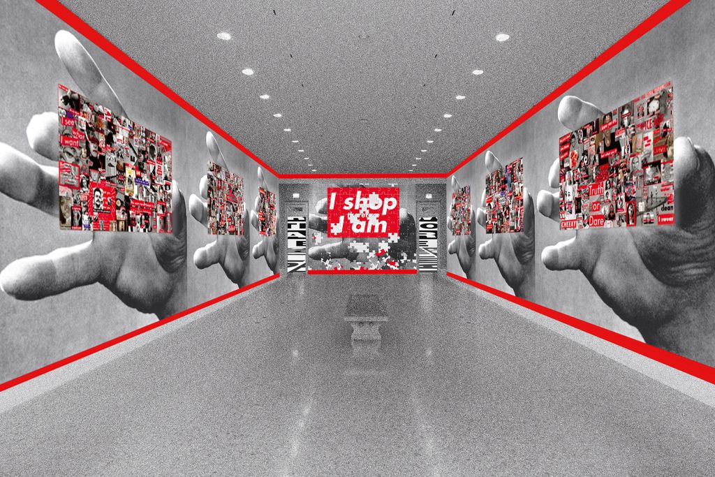 An installation view of a long hallway with gray floors, walls outlined in red