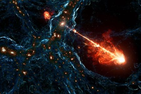 An artist&rsquo;s illustration of the Porphyrion jet pair escaping a black hole and passing through voids in the cosmic web.