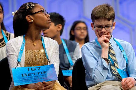 Bettie Closs and Owen Kovalik anxiously await their turn on stage at the 2016 national spelling bee.