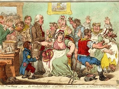 An 1802 engraving, The Cow Pock—or—the Wonderful Effects of the New Inoculation plays on the fears of a crowd of vaccinees.