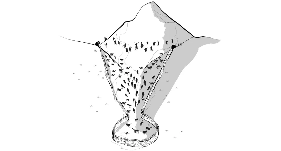 Illustration of hunting trap with animals in it