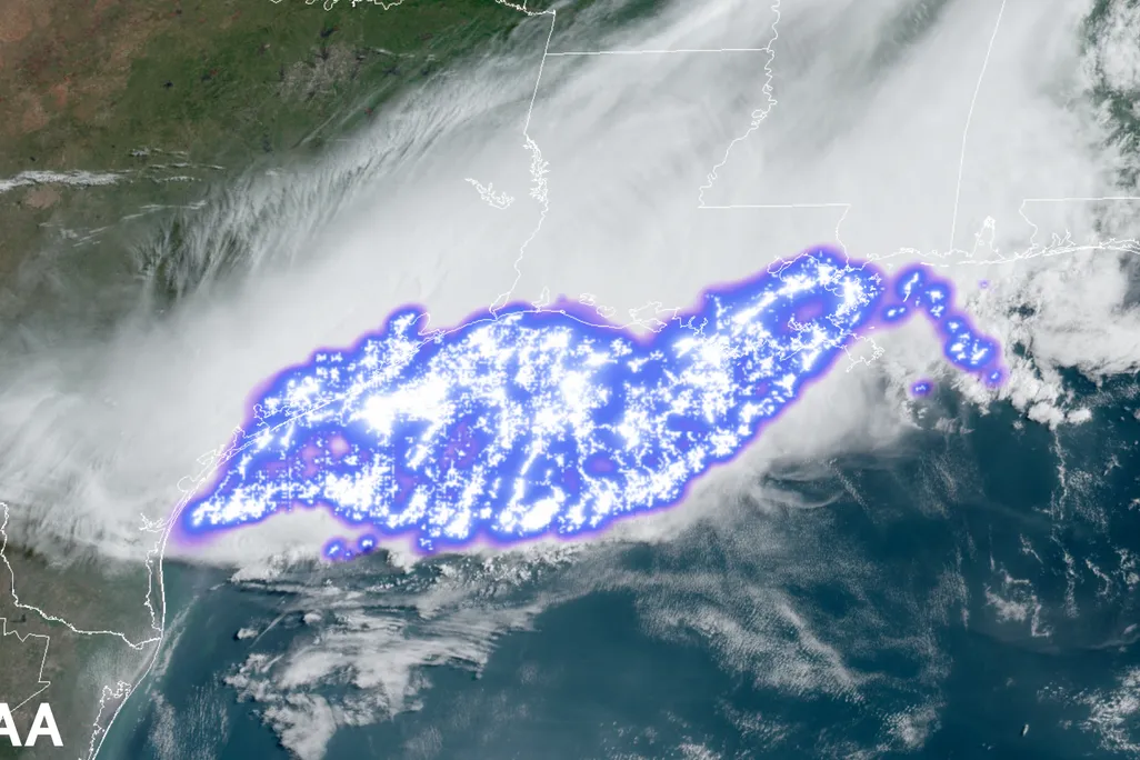 A satellite image of massive thunderstorm over the southern united states