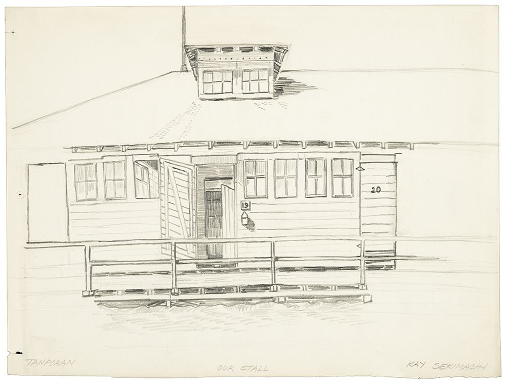 Drawing by Kay Sekimachi of the horse stall her family lived in at the Tanforan Relocation Center