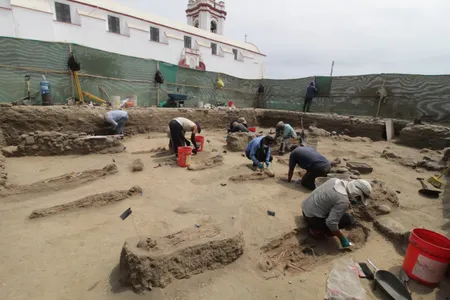 The cemetery is located near a Spanish colonial church built in Huanchaco, Peru, around 1535.