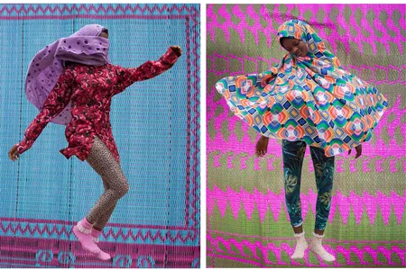 Dugger makes a stylish statement by superimposing vibrant images of women jumping and twirling over photographs of patterned mats common in Nigeria.