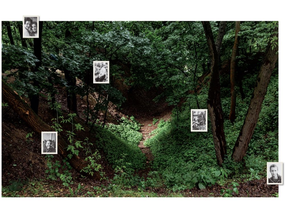 Opener - Babyn Yar, outside Kyiv, where 33,771 Jews were killed over two days in September 1941. The small portraits show unidentified Ukrainians, likely Jews, before the war.