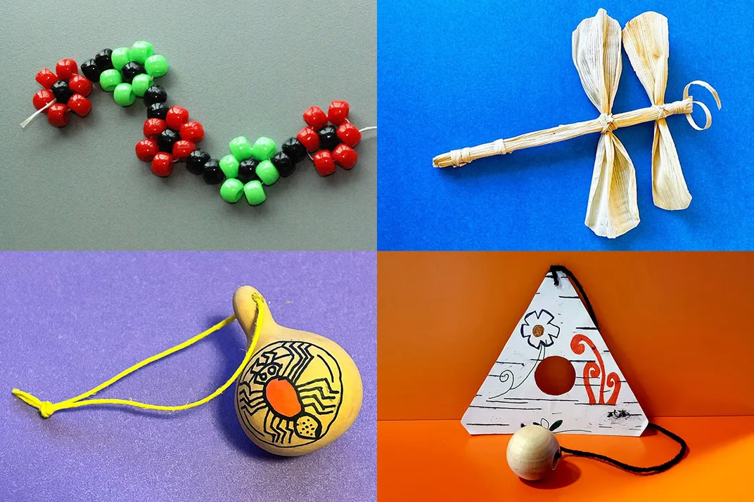 Four close-ups of kids crafts: a beaded bracelet, a cornhusk dragonfly, a painted gourd, and a triangle ball game.