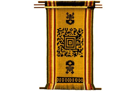 Jeannette Paillan, a Mapuche documentary filmmaker, was the inspiration for this 2012 textile, titled Lukutuwe (Fertility). Scanning the QR code embedded in the tapestry reveals a quotation from Paillan, in Spanish, about the importance of sustaining the Mapuche language.
