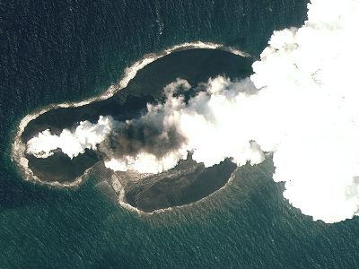 A satellite photo of the 2011-12 eruption that created  Sholan island in the Red Sea. 