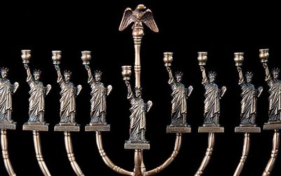 This menorah made by Manfred Anson (1922-2012), an immigrant to the United States celebrates American and Jewish traditions.