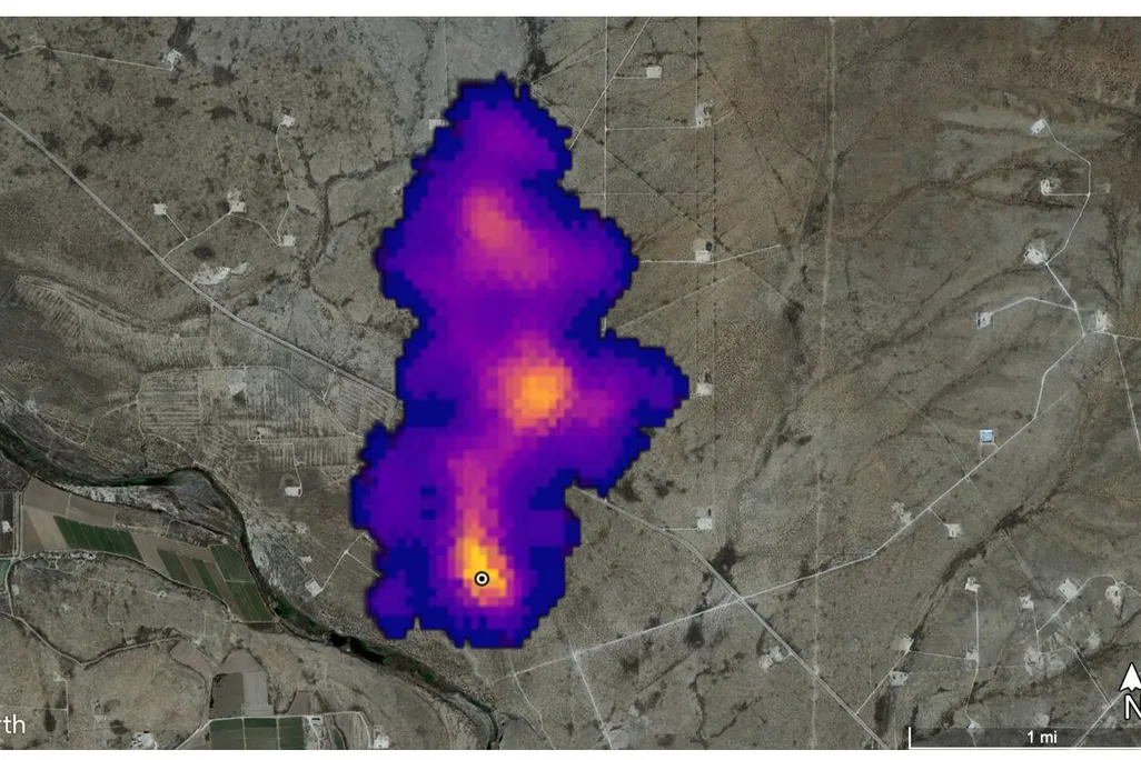A map showing the concentrations of methane above an emissions source southeast of Carlsbad, New Mexico