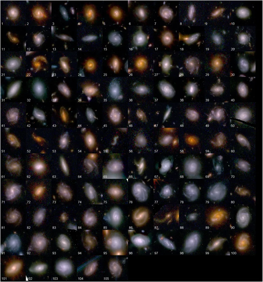 The galaxies identified as rotating in the same direction relative to the Milky Way (counterclockwise).