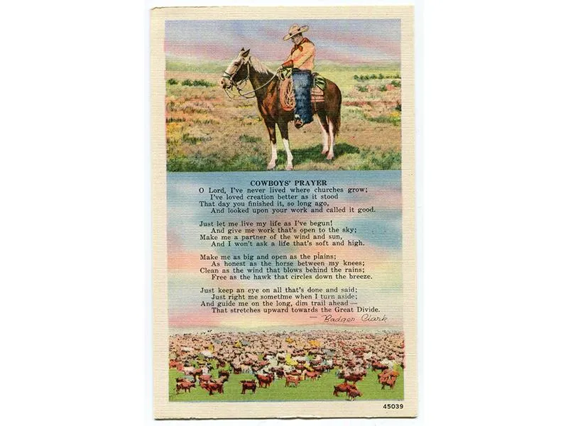 A vintage postcard from the Black Hills Novelty and Manufacturing Company features Badger Clark’s poem “Cowboys’ Prayer.”