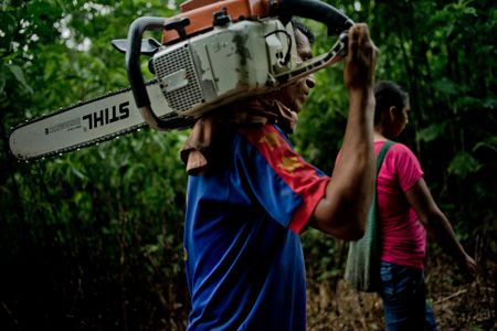 A Kiwcha couple walk into the forest to cut timber in Coca, Ecuador.