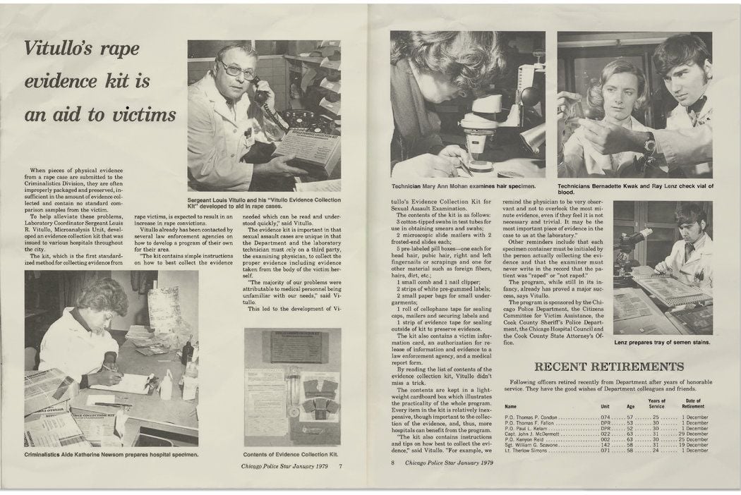 The Chicago Police Star, the Chicago Police Department’s official publication, published a story about Louis Vitullo and the evidence kit in January 1979.