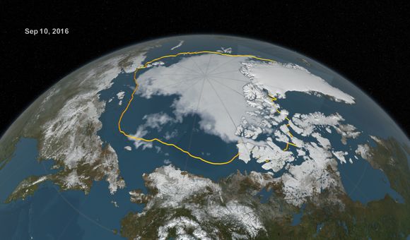 The 2016 Arctic sea ice summertime minimum, reached on Sept. 10, is 911,000 square miles below the 1981-2010 average minimum sea ice extent, shown here as a gold line (NASA Goddard's Scientific Visualization Studio/C. Starr).