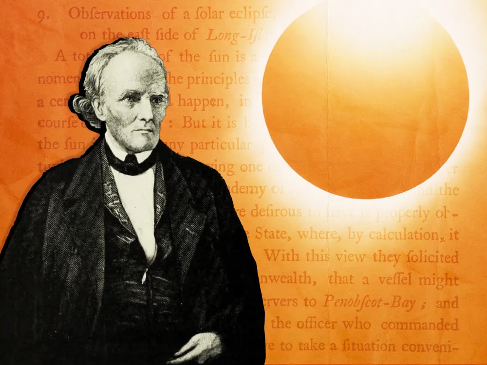 An illustration of Samuel Williams in front of a total solar eclipse