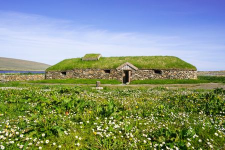 Replica of a Norse Viking longhouse in Scotland's Shetland Islands. Archaeologists in Iceland have uncovered the remains of two ancient Viking longhouses that may have been among the island's very first settlements.