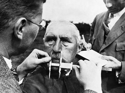 Nazi officials use calipers to measure an ethnic German's nose on January 1, 1941. The Nazis developed a pseudoscientific system of facial measurement that was supposedly a way of determining racial descent.