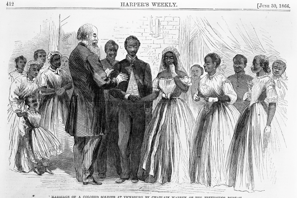 A black and white engraving of a wedding scene in a courtroom