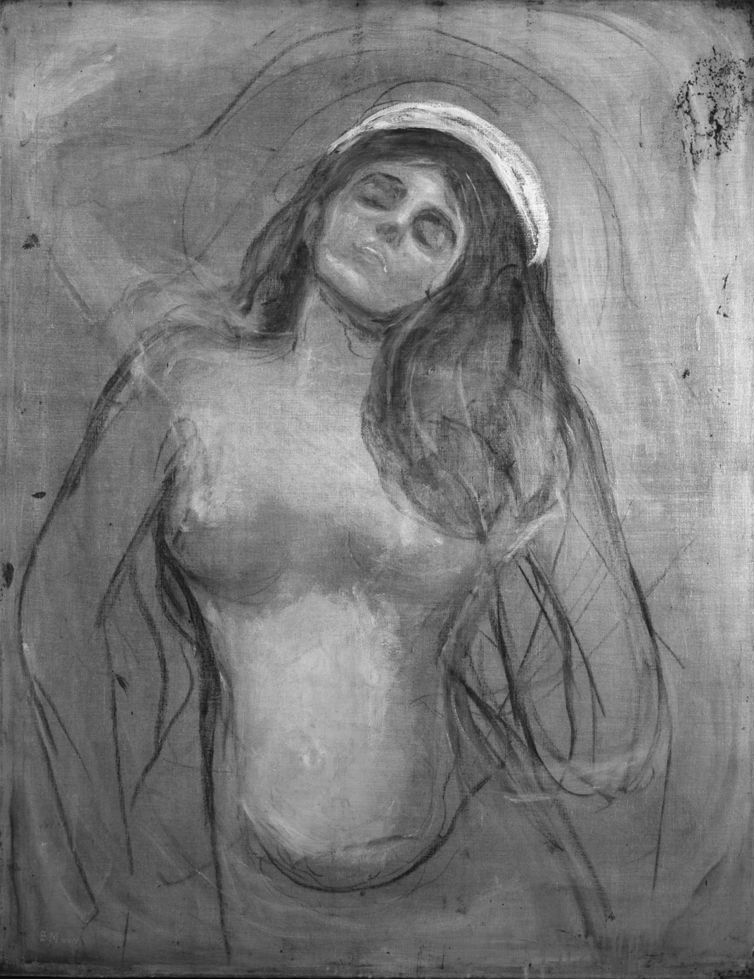 A black and white image of the underdrawing, which has the woman's arms lowered at her side