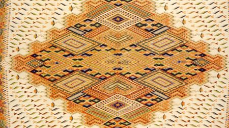 Saltillo Sarape, Maximilian Period c.1865 91 5/16 x 48 7/16 inches, wool, silk and metalic thread wefts on cotton warp Fred Harvey Collection, International Folk Art Foundation Collection, Museum of International Folk Art, Santa Fe, New Mexico. Inscribed in the end border: "Epifanio Jemenez", probably the patron for whom it was woven.