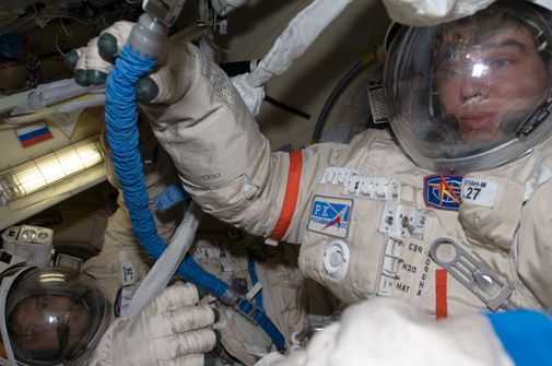 Two cosmonauts take a risky spacewalk to help ensure a safe ride home.