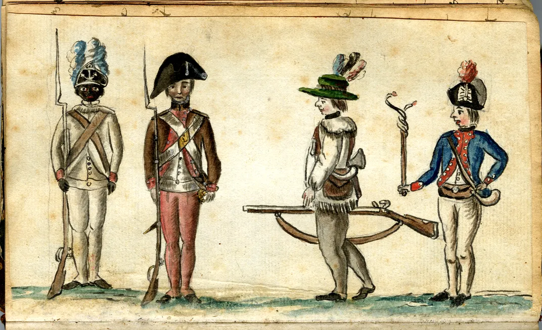 A 1781 drawing of soldiers at the siege of Yorktown, with a Black member of the First Rhode Island Regiment at the far left
