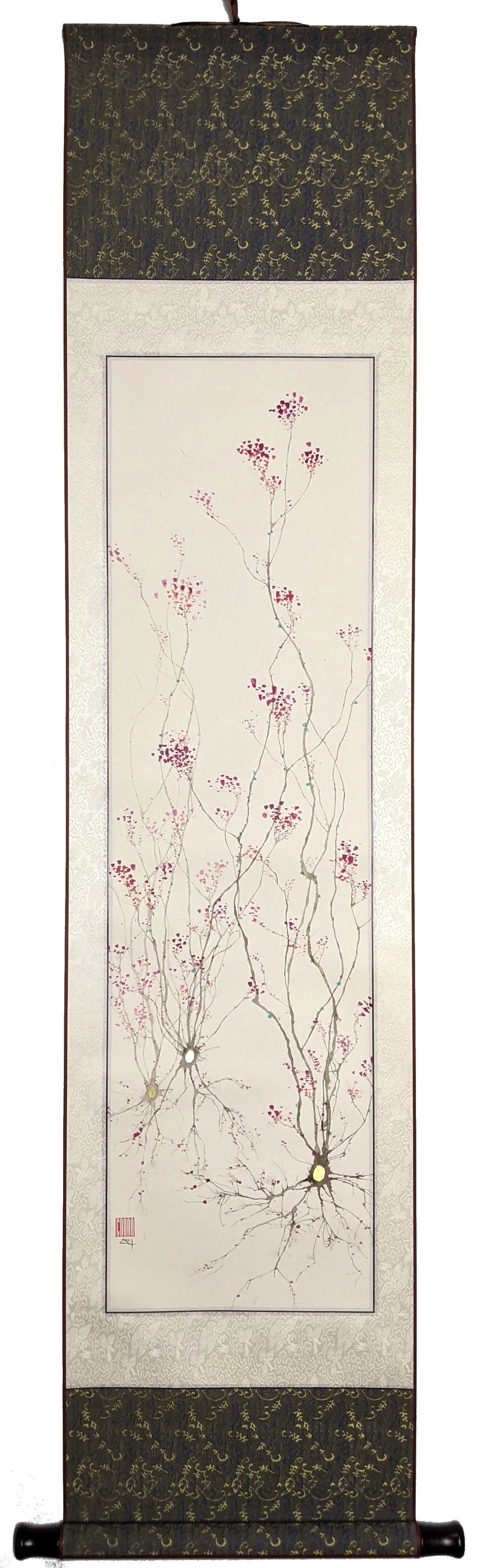 Hanging Scroll Depicting Golden Neurons Surrounded by Flower Petals