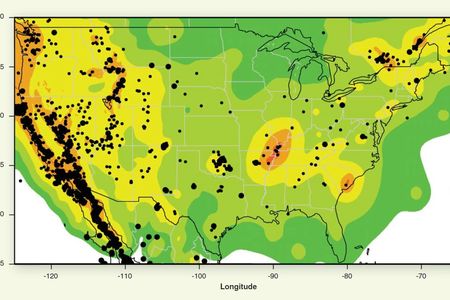 A map of earthquake activity around the U.S. from 2009 to 2012. Black dots are earthquakes above magnitude 3.0, with bigger circles for bigger earthquakes. 