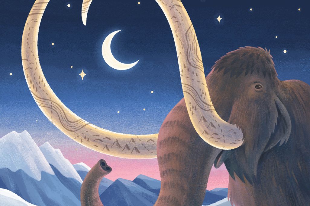 an illustration of a woolly mammoth in a night time mountainous scene