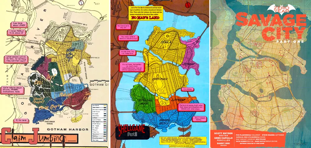 Left two images: Eliot R. Brown's map of Gotham City, as it appeared in comics circa 1999; right image: Brown's map appearing in a recent issue of Batman 