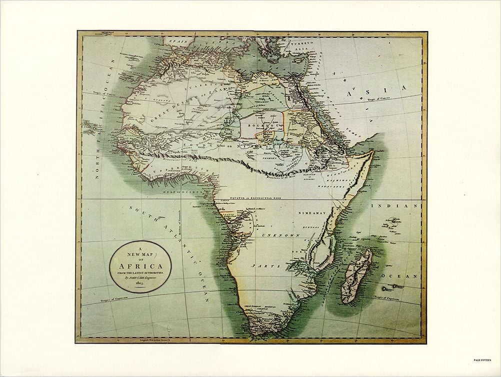 Page from Polished Ambers advertising book showing a map of Africa.