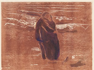 "The Kiss in the Field," 1943
woodcut printed in red-brown with watercolor on wove paper