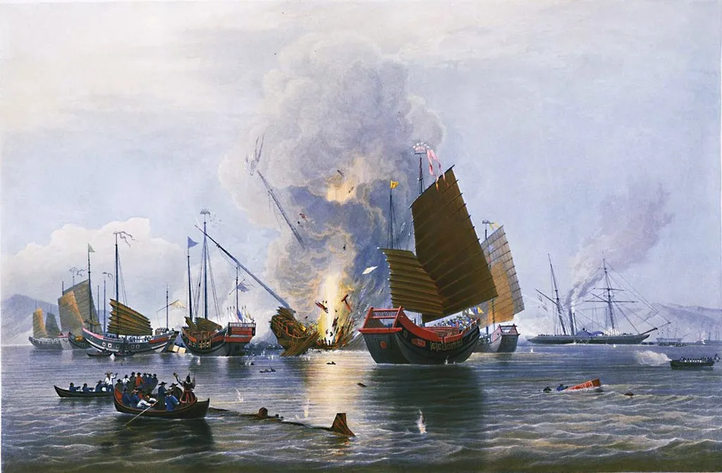 An 1843 painting of the destruction of Chinese war junks by an East India Company steam ship during the First Opium War