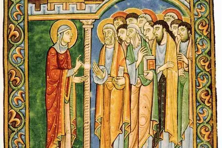 In this 12th century illuminated manuscript Mary Magdalene announces the resurrection to the apostles. 
