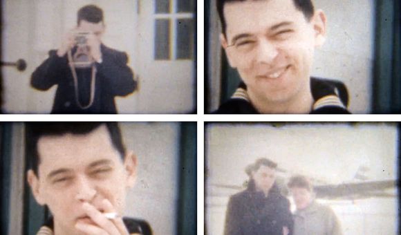 Grid of four old film stills, each showing the same young man: holding up a camera to his eye, smirking, smoking a cigarette, and posing with an older woman.