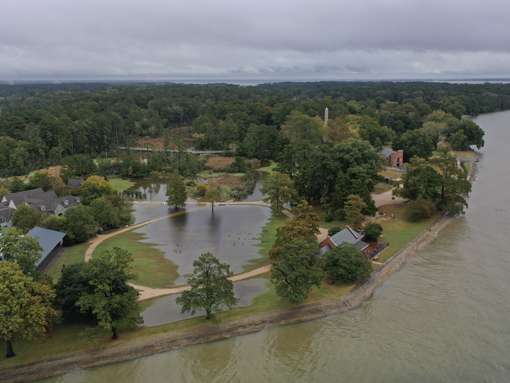 Overhead view of Jamestown after a Nor'easter in October 2021