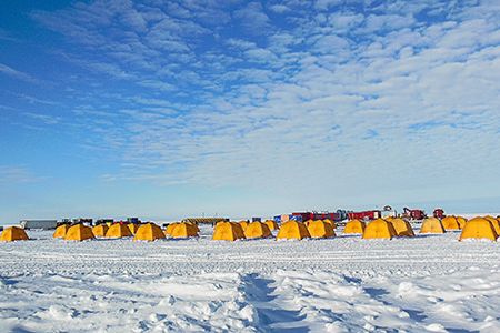 Members of the Lake Whillans drill team lived in yellow tents studding the Antarctic landscape.
