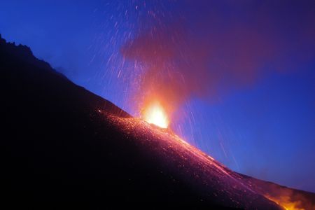 Mount Etna, Italy, erupts at night. 
