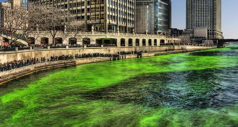 A high resolution photo of the Chicago River on St. Patrick’s Day