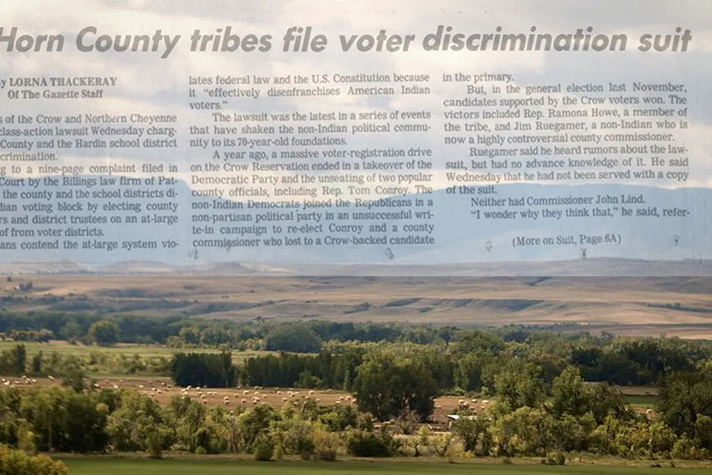 image of Crow reservation with headline Big Horn County tribes file voter discrimination suit superimposed