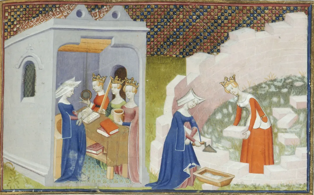 An illustration of Christine de Pizan laying the foundation of the city of ladies