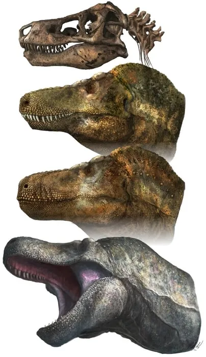 Four artistic representations of a T. rex head