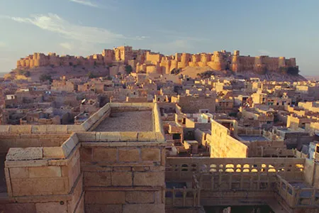 View of Jaisalmer Fort, built in 1156 by Rawal Jaisal, which has 99 bastions around its circumference.
